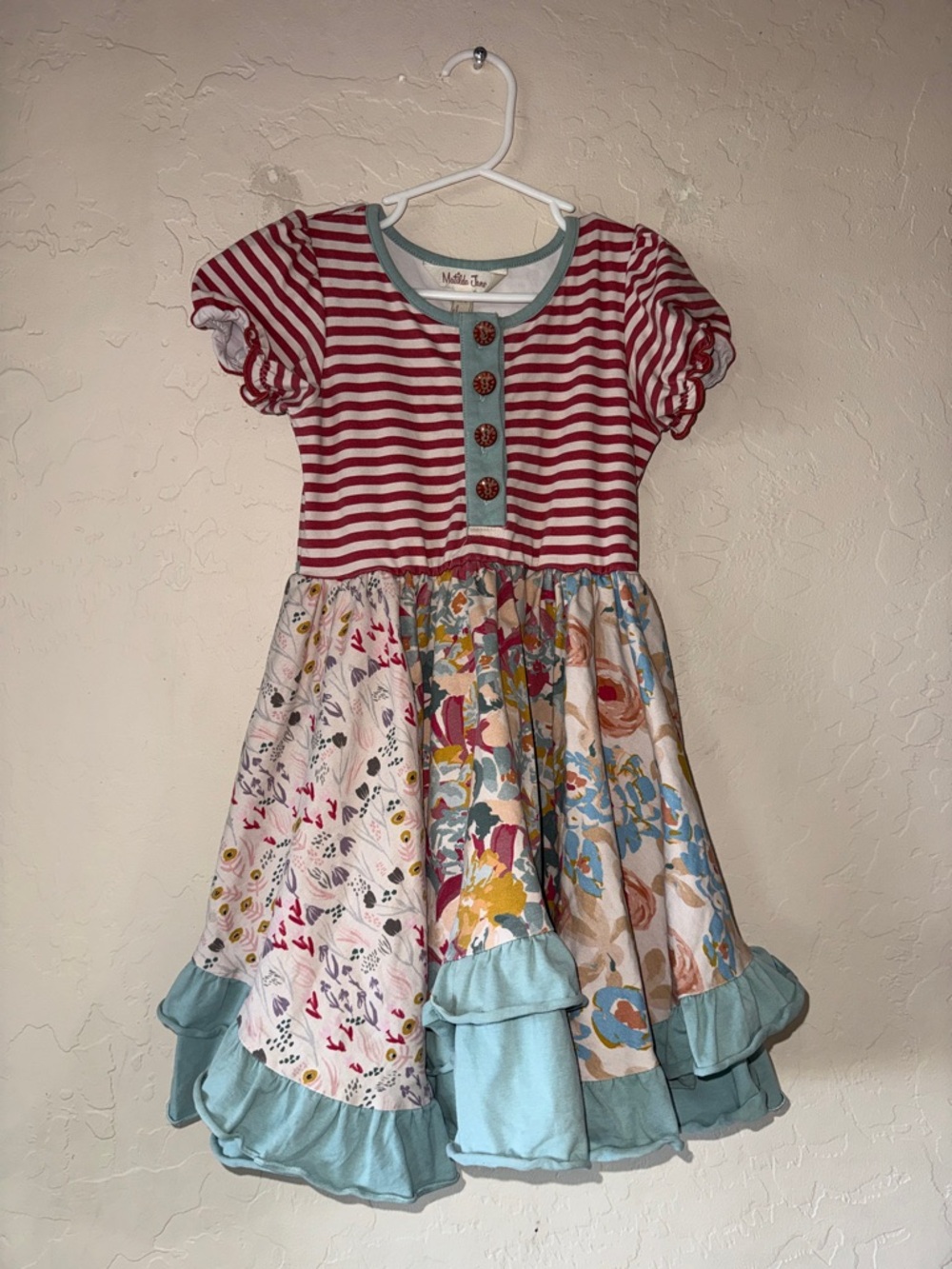 Matilda Jane girls mixed media floral striped ruffle twirl dress size 5t